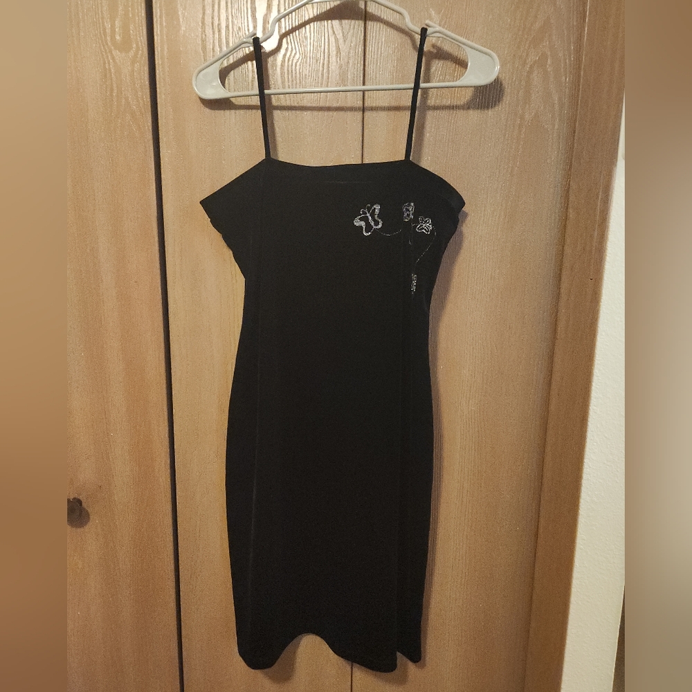 Vtg 90s / Y2K Black Velvet Butterfly Glittery Spaghetti Strap Dress Sz Large